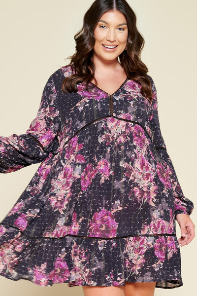 Floral Swiss Dot Knit Dress Featuring Long Sleeves, V-neckline And Tiered Layers.