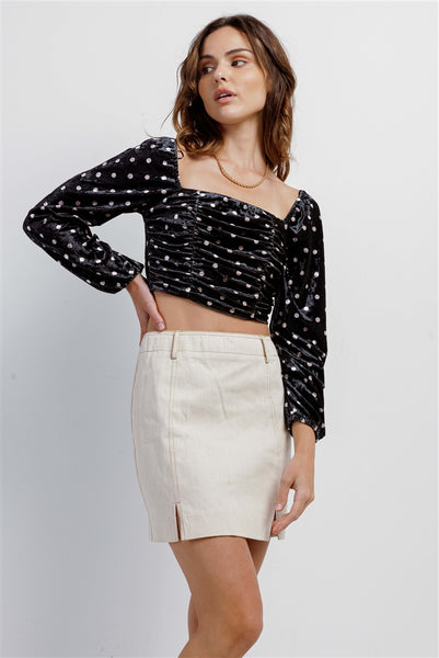 Black Cream Polka Dot Velvet Ruched Crop Top