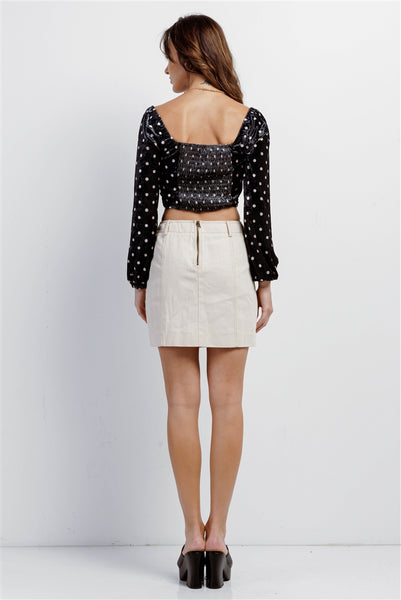 Black Cream Polka Dot Velvet Ruched Crop Top