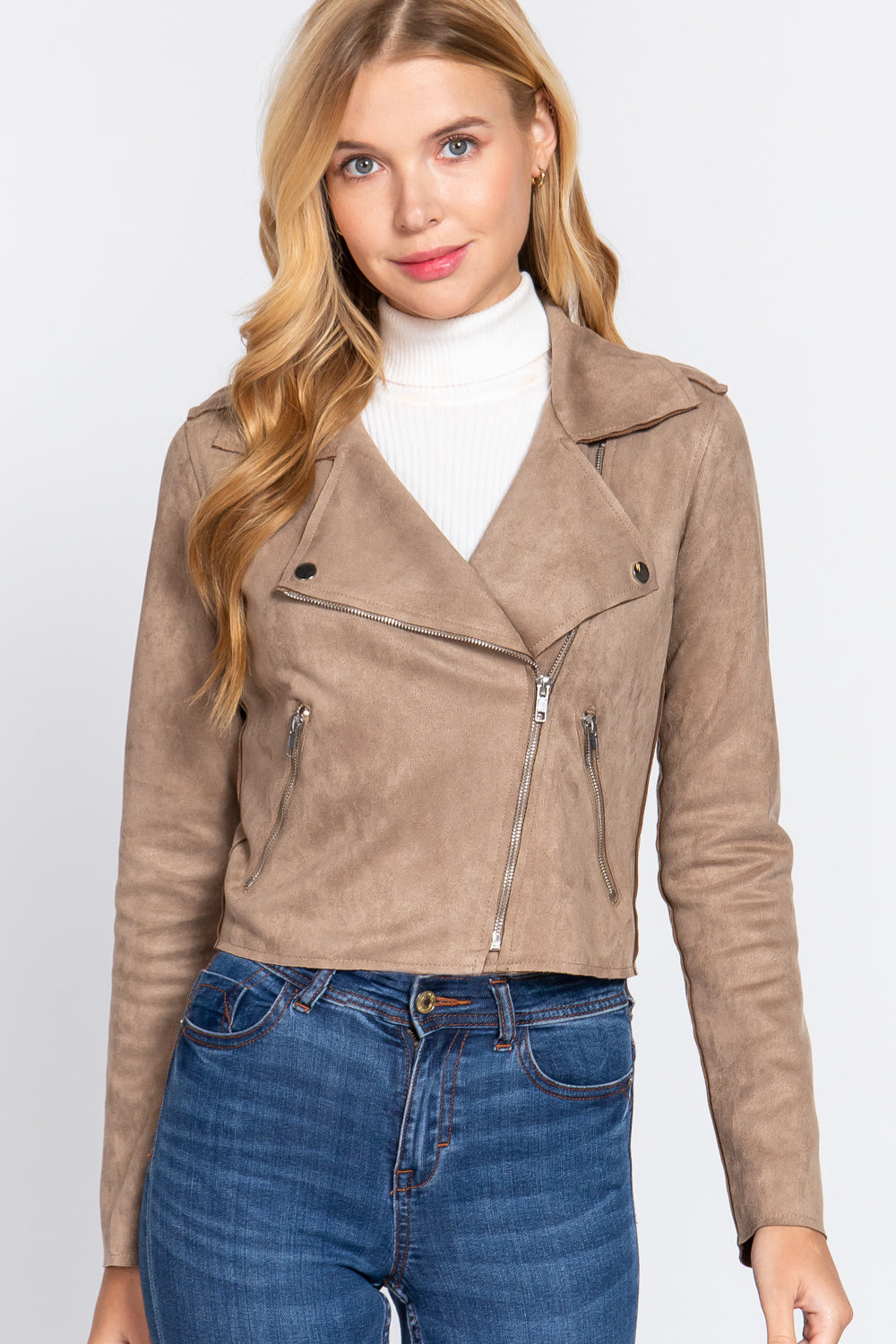 Long Slv Biker Faux Suede Short Jacket