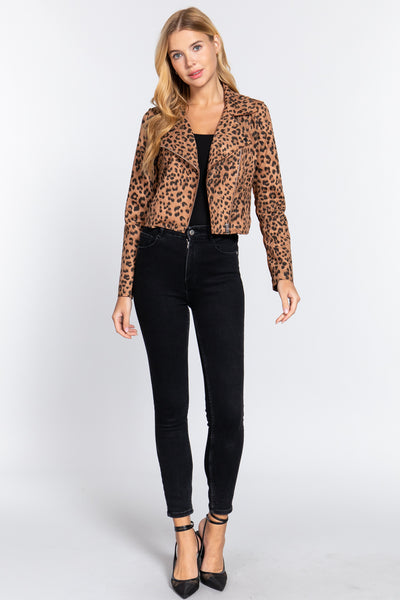 Leopard Print Faux Suede Biker Jacket