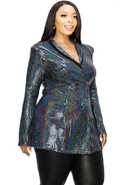 Plus Disco Metallic Sequins Double Breasted Blazer