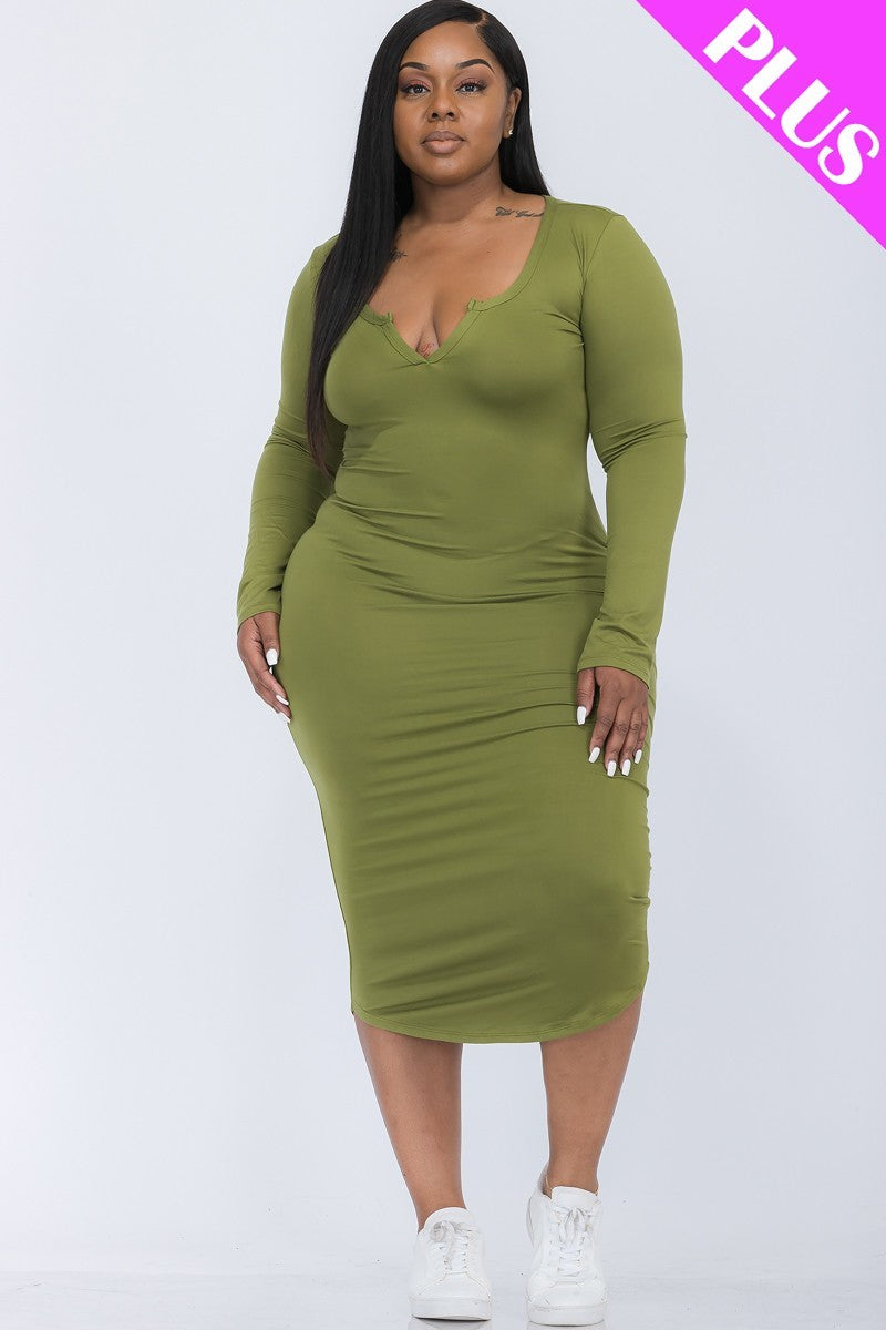 Plus Size Split Neck Long Sleeve Midi Dress