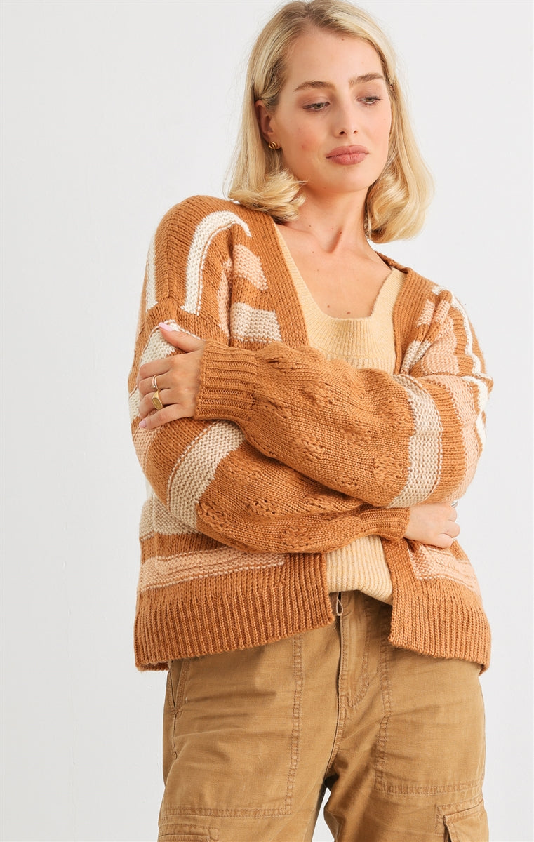 Camel Striped Crochet Knit Two Pocket Open Front Cardigan