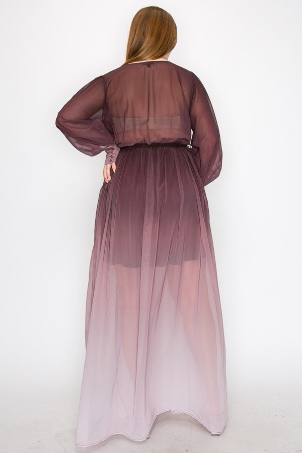 Ombre Chiffon Wrap Front Long Sleeve Tie Waist Slit Front Maxi Dress – Diva  Fashion Palace