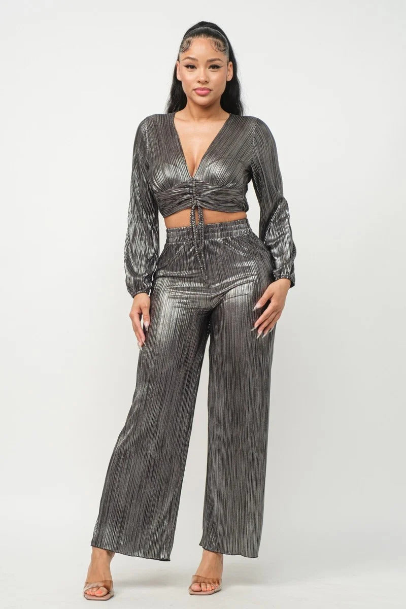 Foil Plisse Tunnel Shirring Top And Pants Set